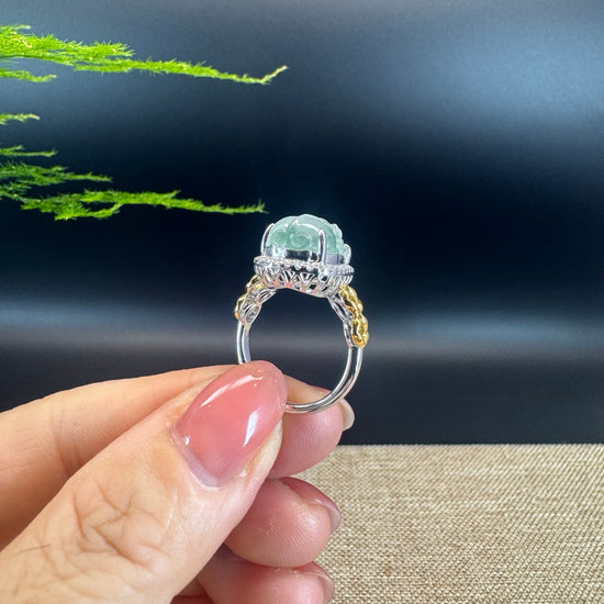 RealJade® "Signature Signet" 18K White Gold Icy Green Jadeite Jade Pi Xiu Ring