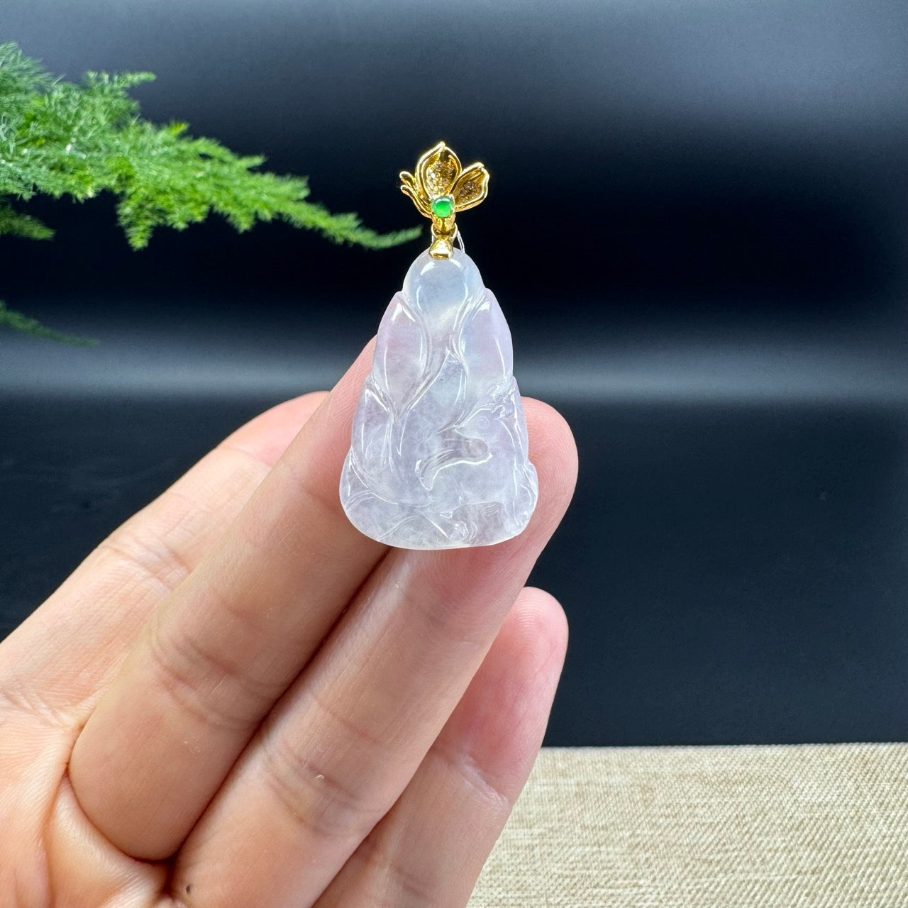 Genuine Icy Jadeite Jade Nine-Tailed Fox Necklace With 18K Yellow Gold Diamonds Bail