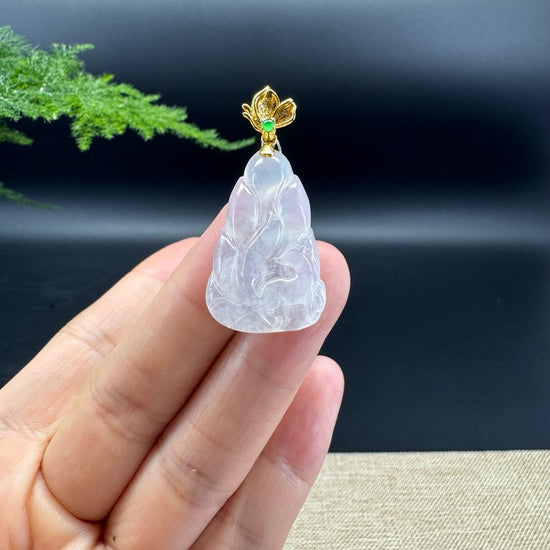 Genuine Icy Jadeite Jade Nine-Tailed Fox Necklace With 18K Yellow Gold Diamonds Bail