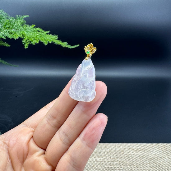 Genuine Icy Jadeite Jade Nine-Tailed Fox Necklace With 18K Yellow Gold Diamonds Bail