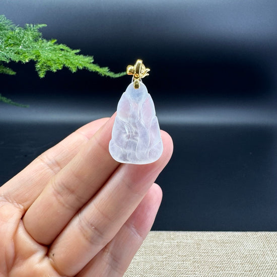 Genuine Icy Jadeite Jade Nine-Tailed Fox Necklace With 18K Yellow Gold Diamonds Bail