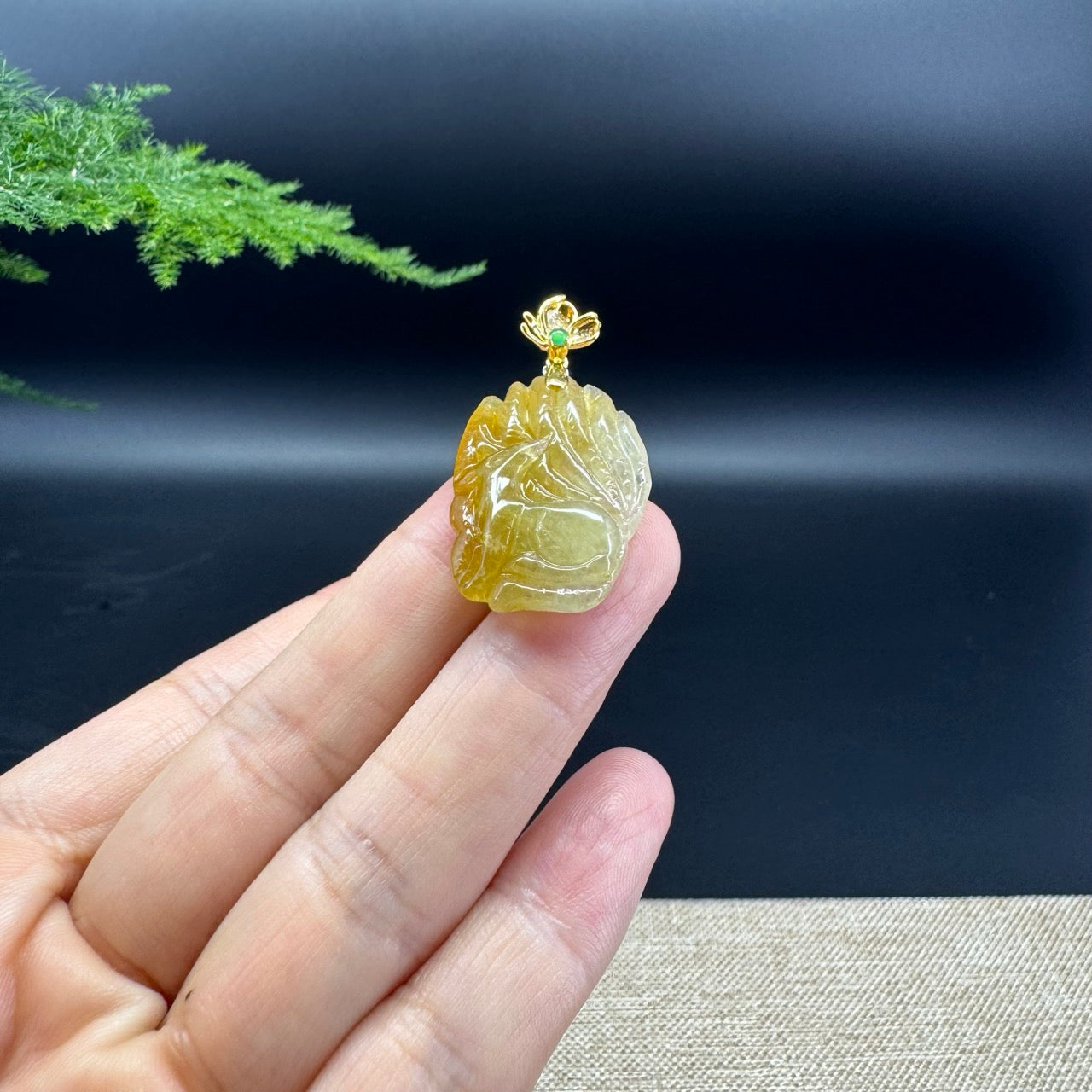 Genuine Yellow Jadeite Jade Nine-Tailed Fox Necklace With 18K Yellow Gold Diamonds Bail