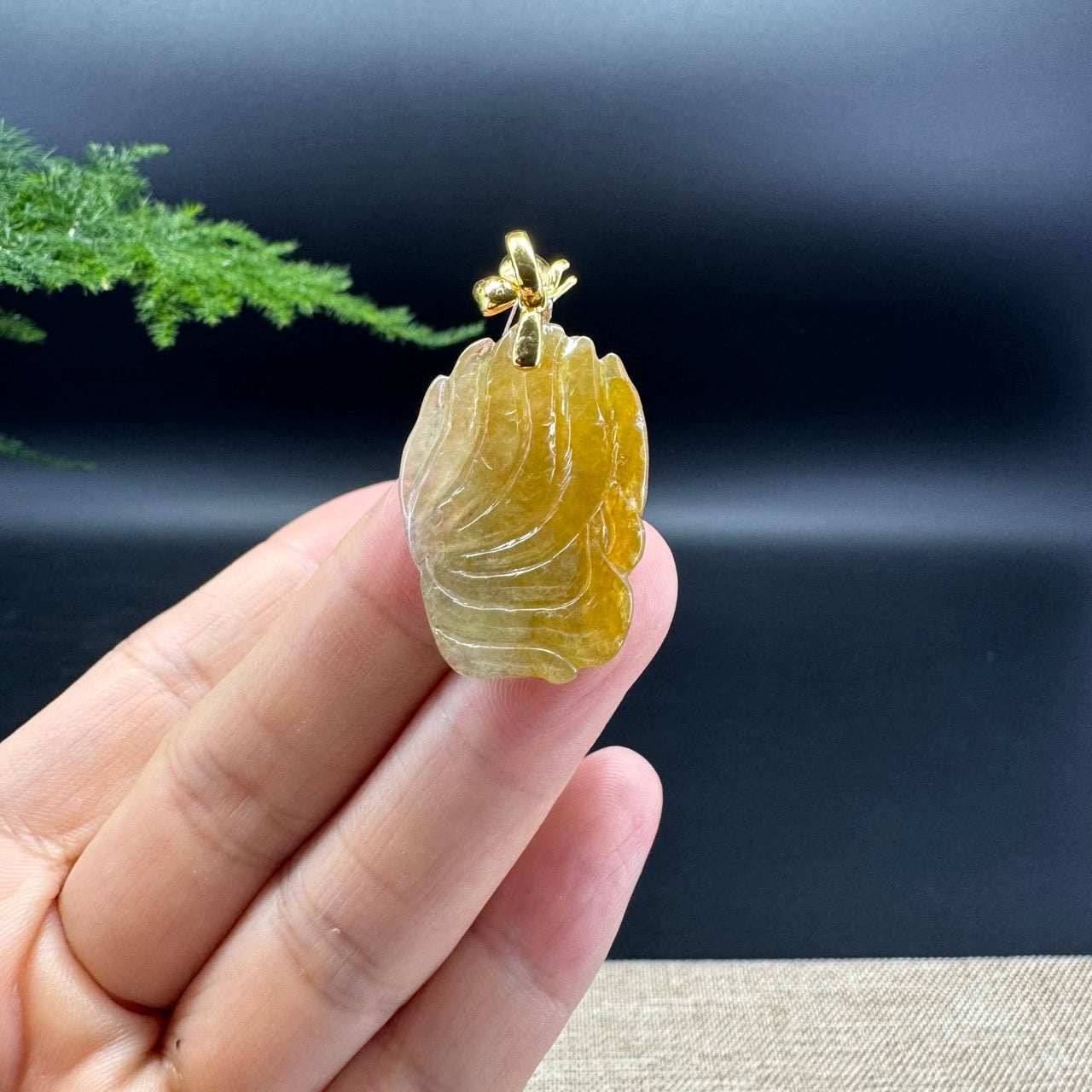 Genuine Yellow Jadeite Jade Nine-Tailed Fox Necklace With 18K Yellow Gold Diamonds Bail