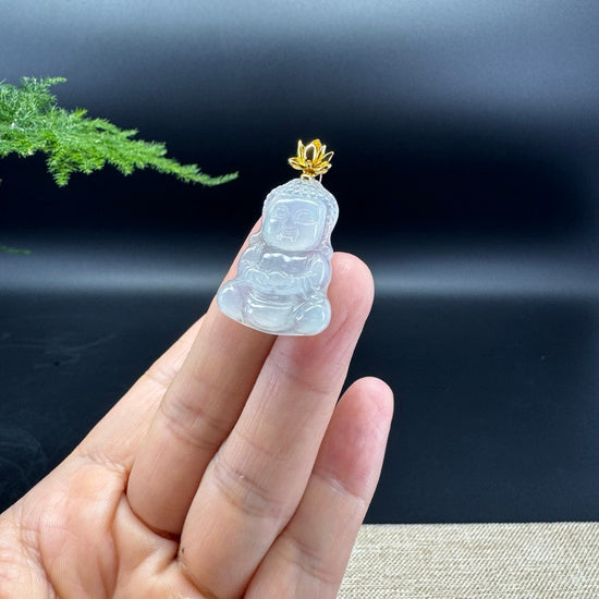 High-end 18K Yellow Gold Burmese Icy Jadeite Jade Happy Baby Buddha Pendant