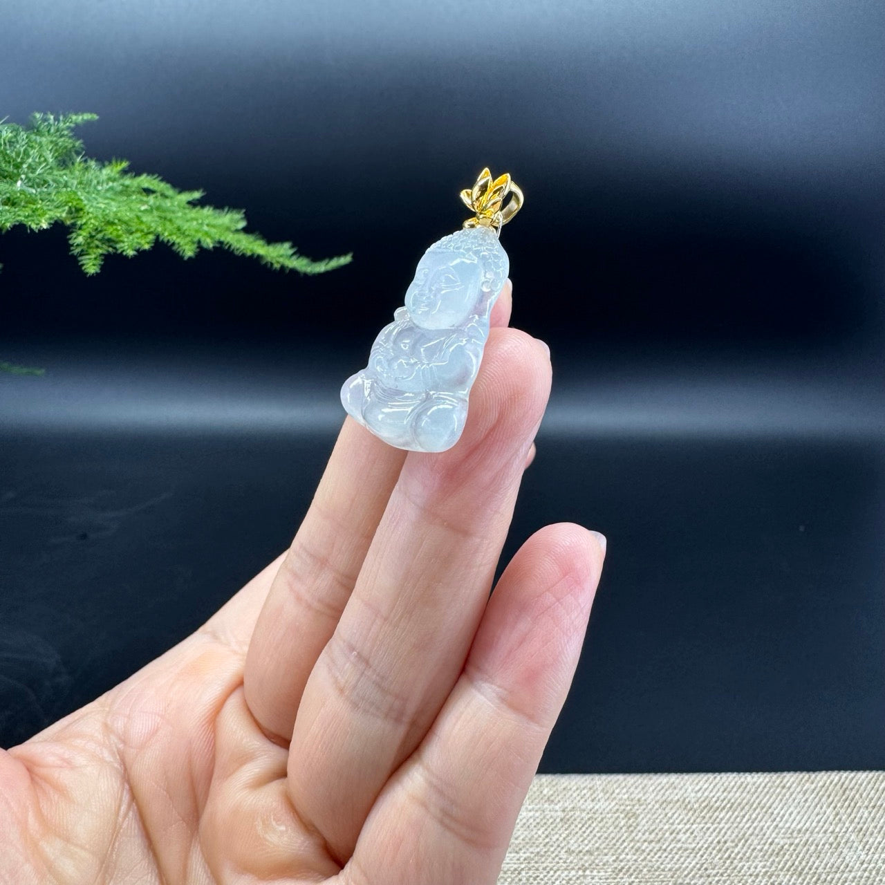 High-end 18K Yellow Gold Burmese Icy Jadeite Jade Happy Baby Buddha Pendant