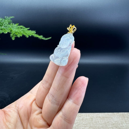 High-end 18K Yellow Gold Burmese Icy Jadeite Jade Happy Baby Buddha Pendant