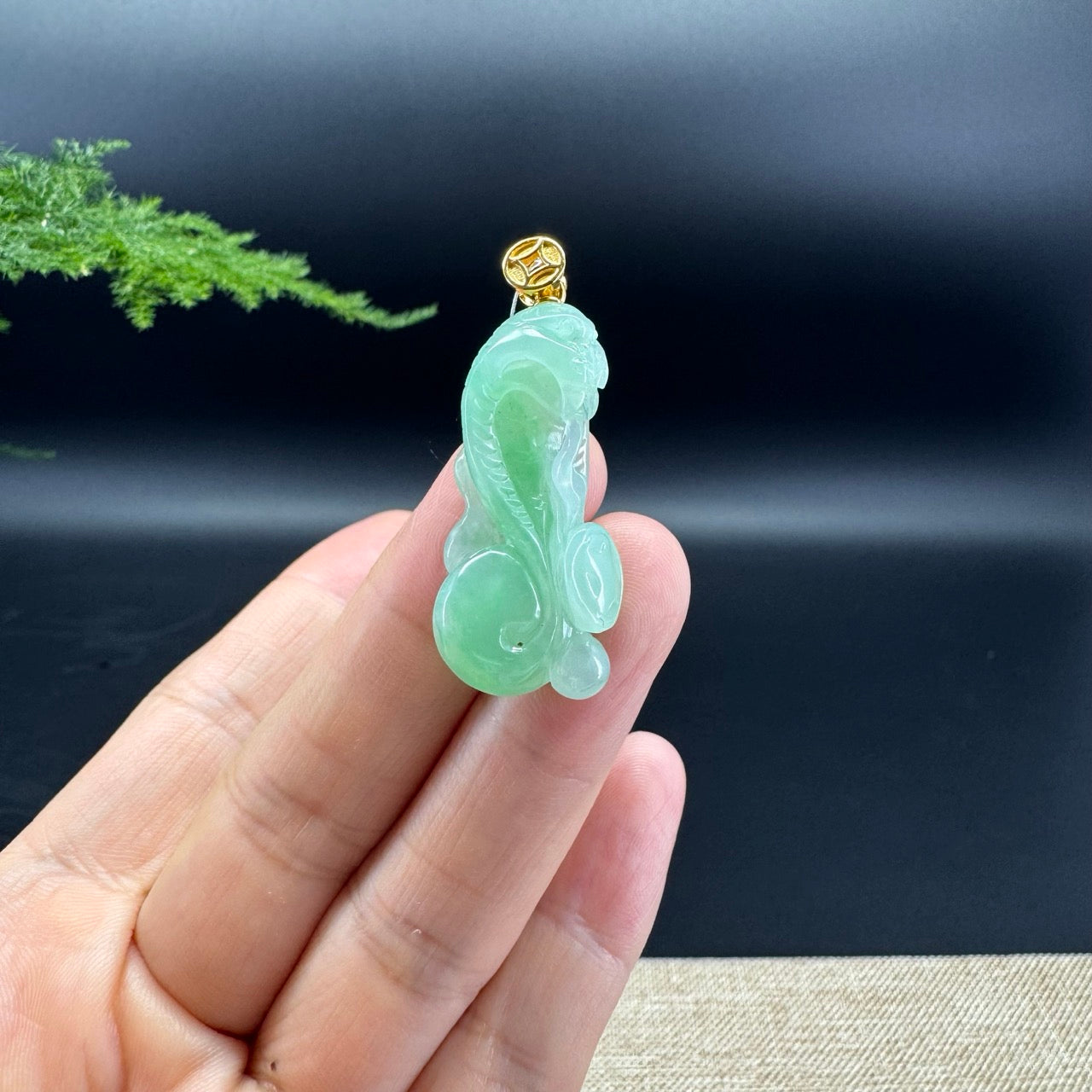 Genuine Apple Green Jadeite Jade Cobra Necklace With 18K Yellow Gold Bail