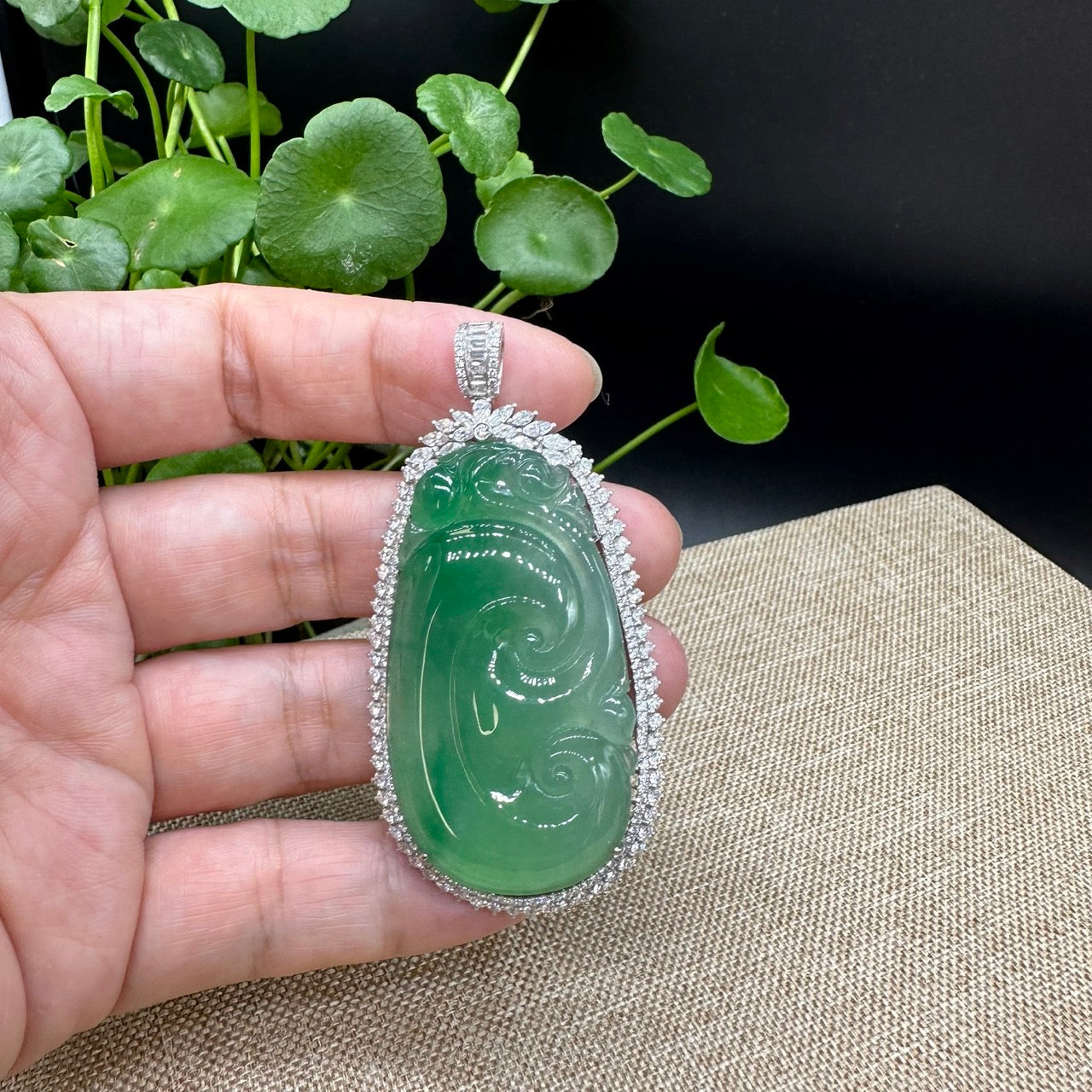 High end RealJade® Co. Genuine Burmese Green Jadeite Jade RuYi Pendant with 18k White Gold Diamond Bail