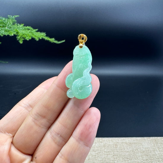Genuine Apple Green Jadeite Jade Cobra Necklace With 18K Yellow Gold Bail