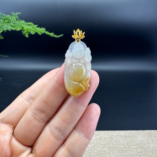 18K Yellow Gold Burmese Icy Yellow Jadeite Jade Happy Buddha Pendant