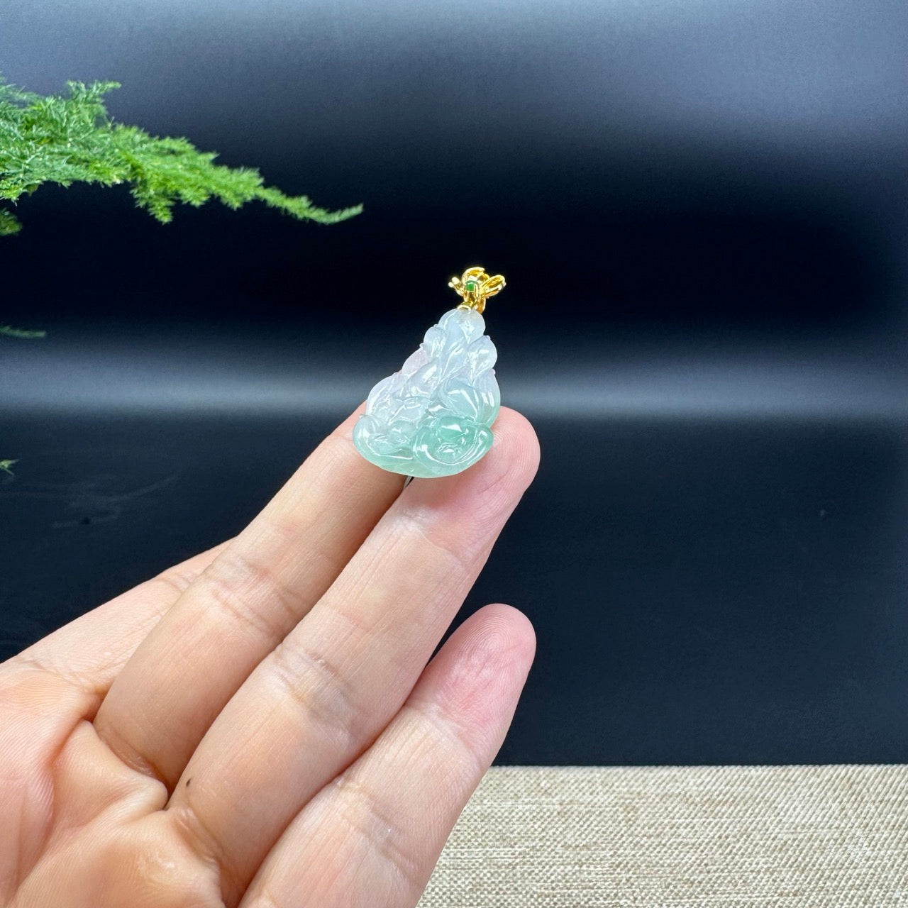 Genuine Icy Green Jadeite Jade Nine-Tailed Fox Necklace With 18K Yellow Gold  Diamonds Bail