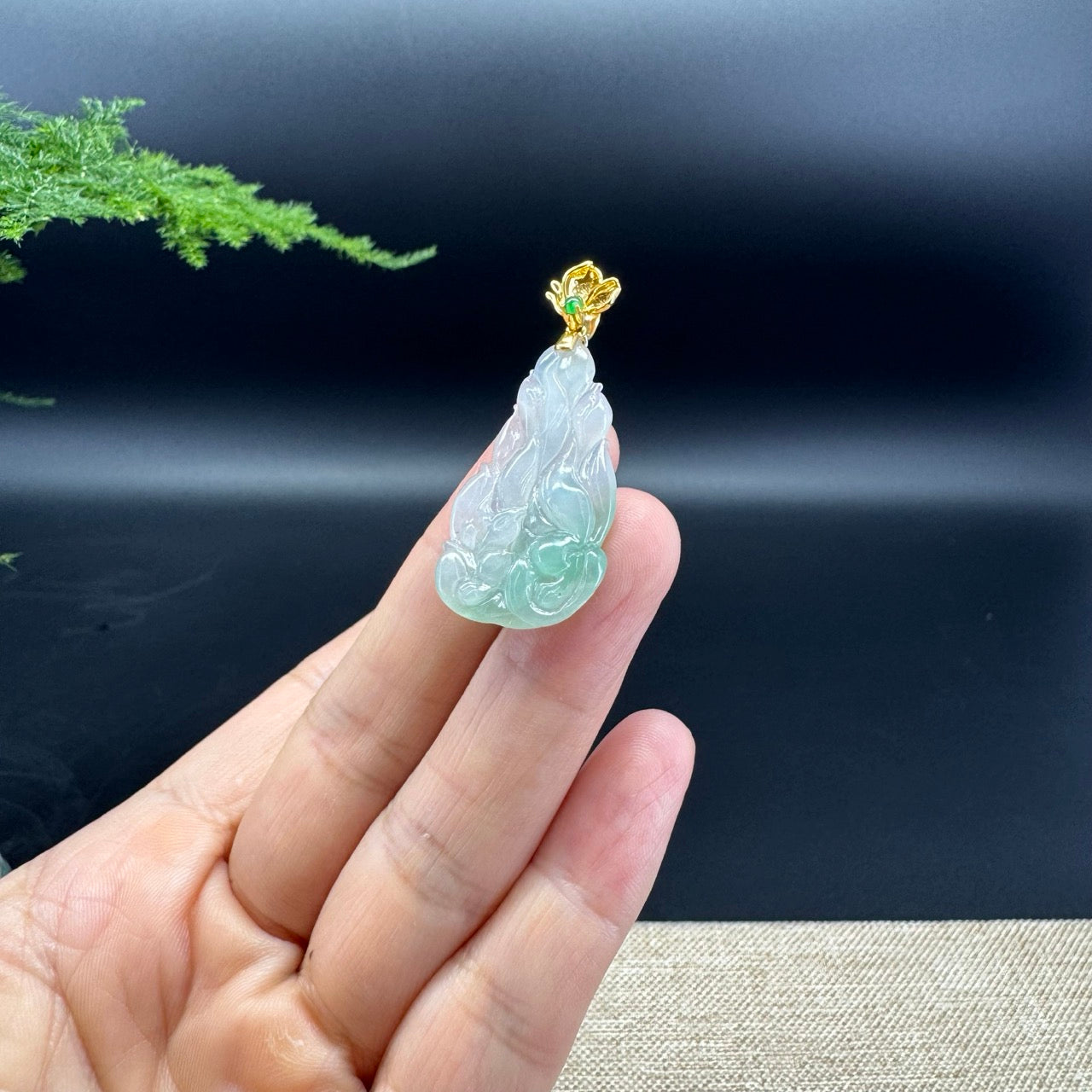 Genuine Icy Green Jadeite Jade Nine-Tailed Fox Necklace With 18K Yellow Gold  Diamonds Bail