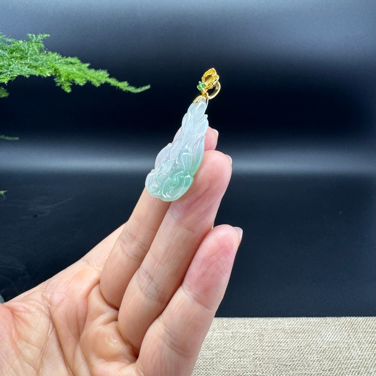 Genuine Icy Green Jadeite Jade Nine-Tailed Fox Necklace With 18K Yellow Gold  Diamonds Bail