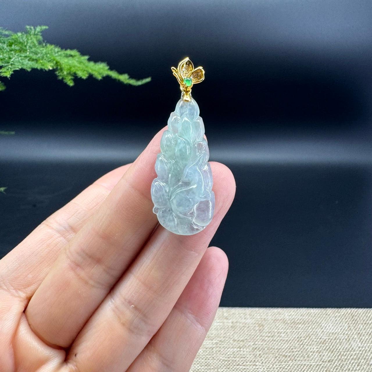 RealJade® Co. Genuine Icy Green Jadeite Jade Nine-Tailed Fox Necklace With 18K Yellow Gold Diamonds Bail