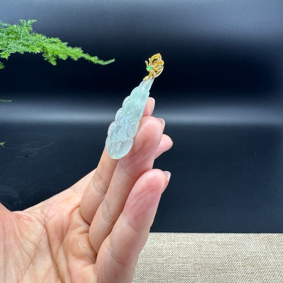 RealJade® Co. Genuine Icy Green Jadeite Jade Nine-Tailed Fox Necklace With 18K Yellow Gold Diamonds Bail