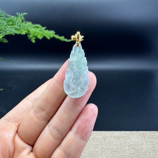 RealJade® Co. Genuine Icy Green Jadeite Jade Nine-Tailed Fox Necklace With 18K Yellow Gold Diamonds Bail