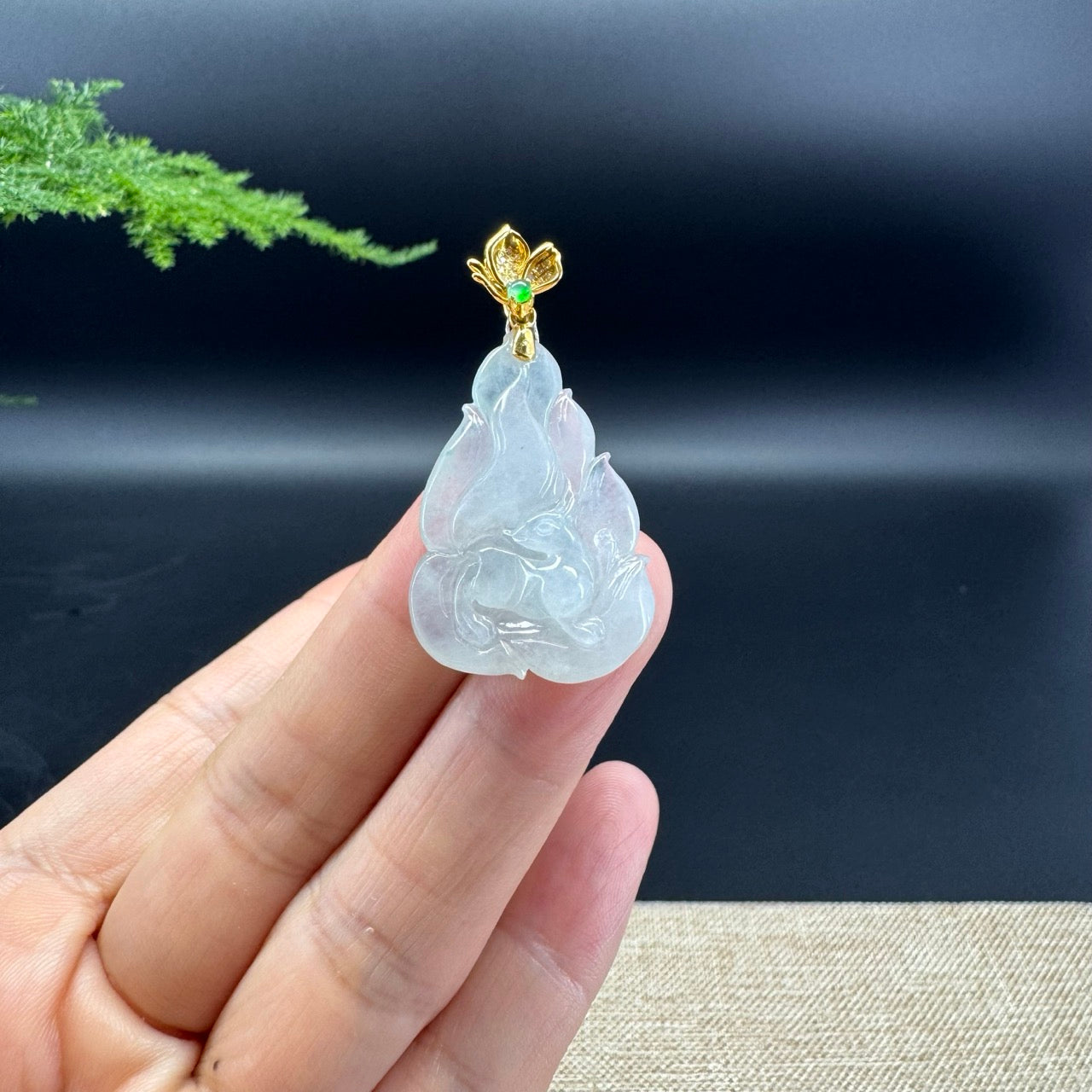 Genuine Icy Green Jadeite Jade Nine-Tailed Fox Necklace With 18K Yellow Gold Diamonds Bail