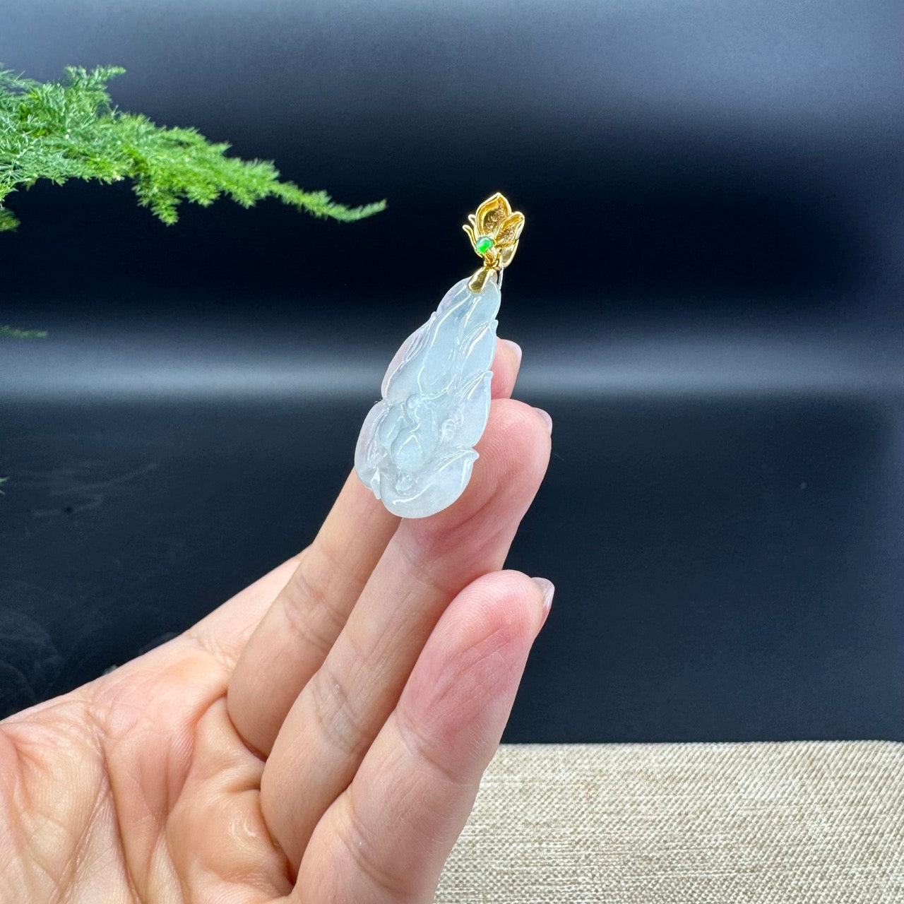 Genuine Icy Green Jadeite Jade Nine-Tailed Fox Necklace With 18K Yellow Gold Diamonds Bail