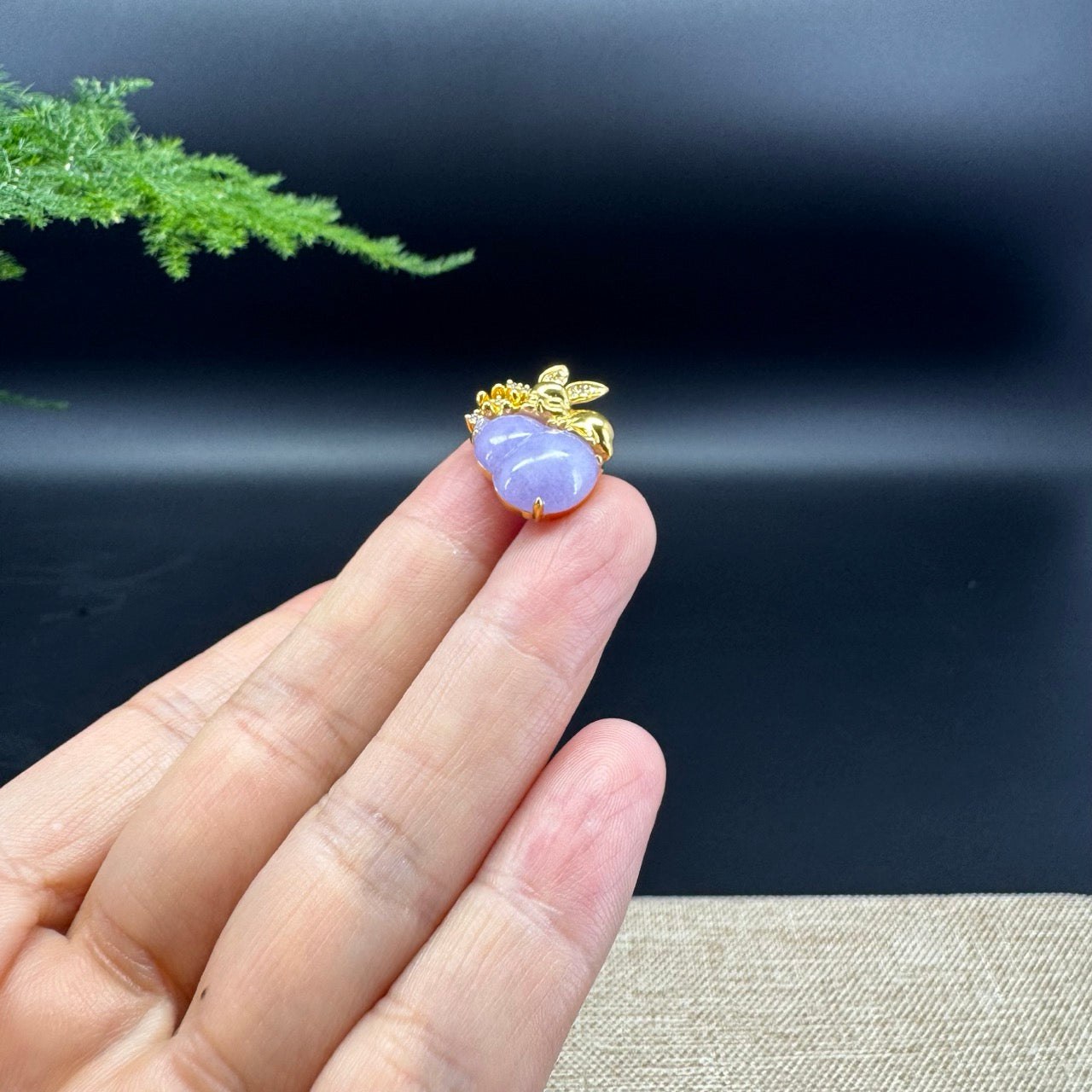 Genuine Lavender Jadeite Jade Good Luck Hulu Bottle Gourd Necklace With 18K Yellow Gold With Diamonds Bail