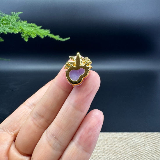 Genuine Lavender Jadeite Jade Good Luck Hulu Bottle Gourd Necklace With 18K Yellow Gold With Diamonds Bail