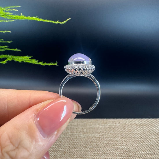 18k White Gold Natural Rich Lavender Oval Jadeite Jade Engagement Ring With Diamonds