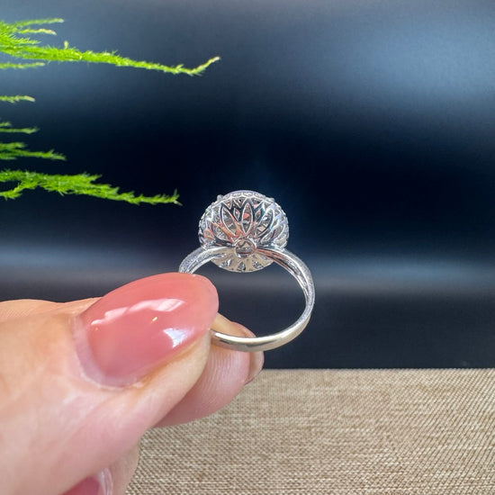 18k White Gold Natural Rich Lavender Oval Jadeite Jade Engagement Ring With Diamonds