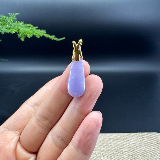 Genuine Burmese Lavender Jadeite Eggplant Pendant Necklace With 18k Yellow Gold Bail