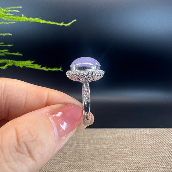 18k White Gold Natural Rich Lavender Oval Jadeite Jade Engagement Ring With Diamonds