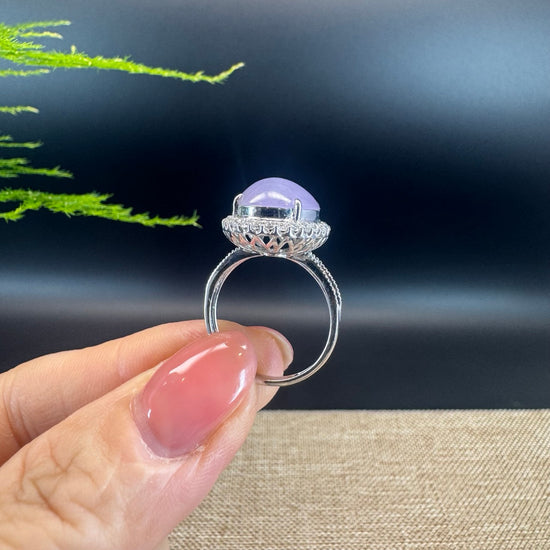 18k White Gold Natural Rich Lavender Oval Jadeite Jade Engagement Ring With Diamonds