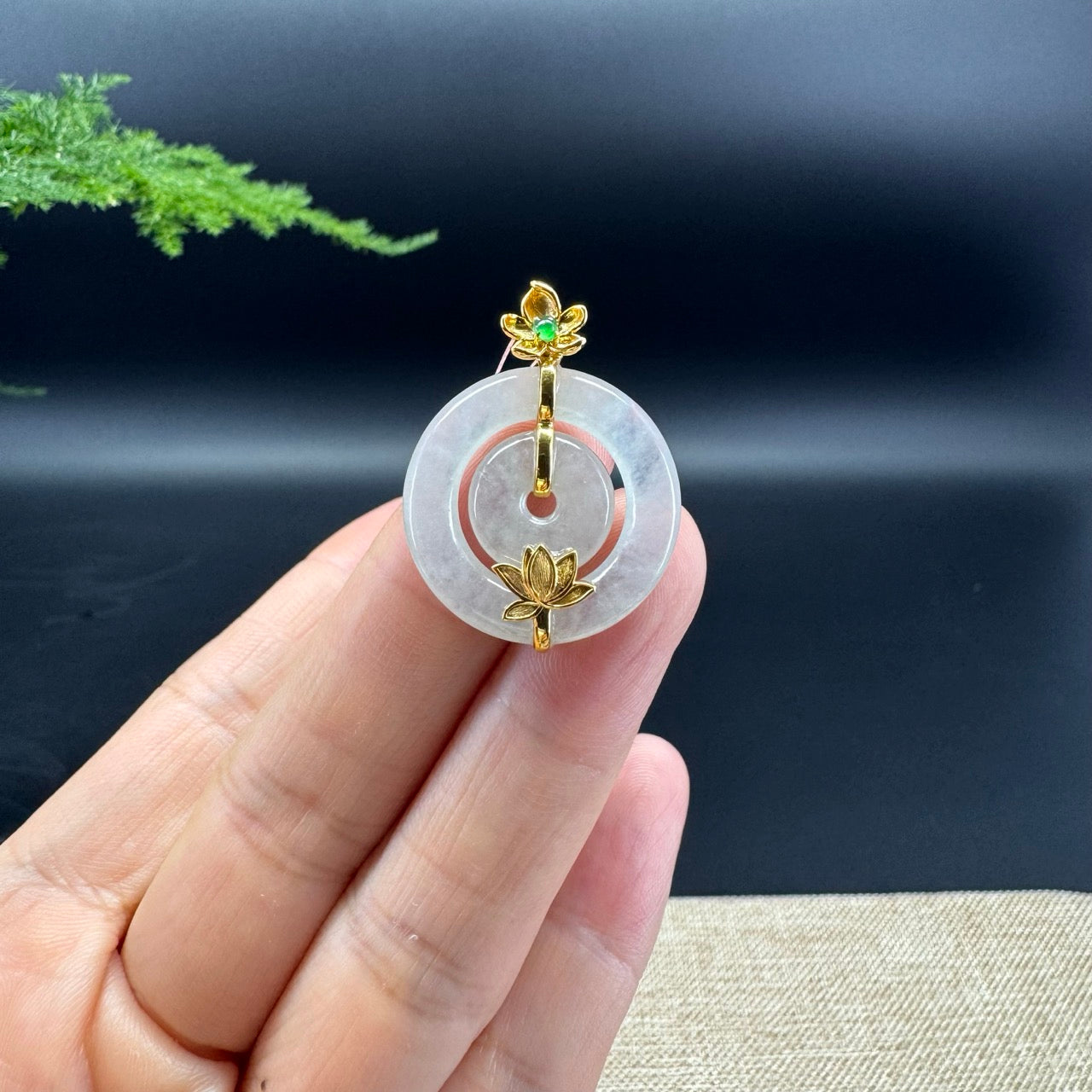 "Good Luck Button"Icy Jadeite Jade Lucky KouKou Pendant With 18K Yellow Gold Bail