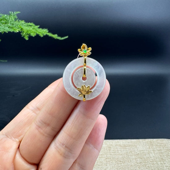 "Good Luck Button"Icy Jadeite Jade Lucky KouKou Pendant With 18K Yellow Gold Bail