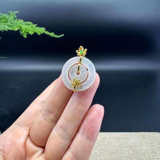 "Good Luck Button"Icy Jadeite Jade Lucky KouKou Pendant With 18K Yellow Gold Bail