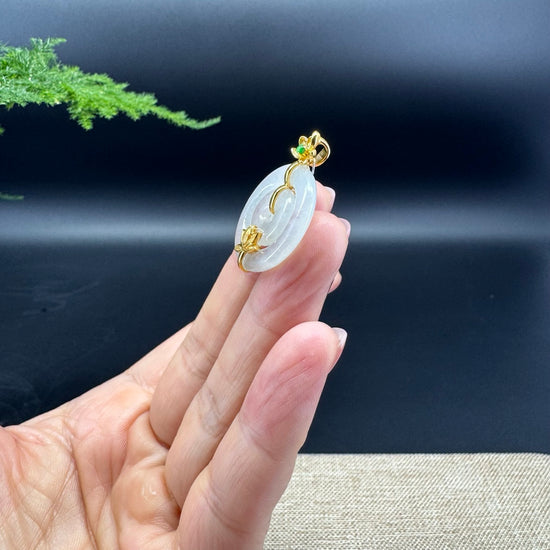 "Good Luck Button"Icy Jadeite Jade Lucky KouKou Pendant With 18K Yellow Gold Bail