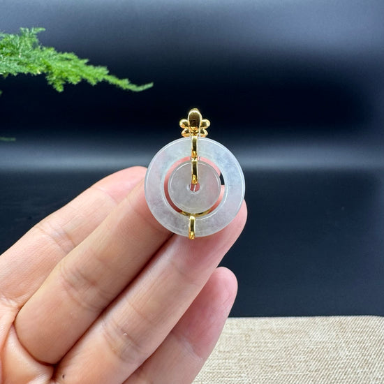 "Good Luck Button"Icy Jadeite Jade Lucky KouKou Pendant With 18K Yellow Gold Bail