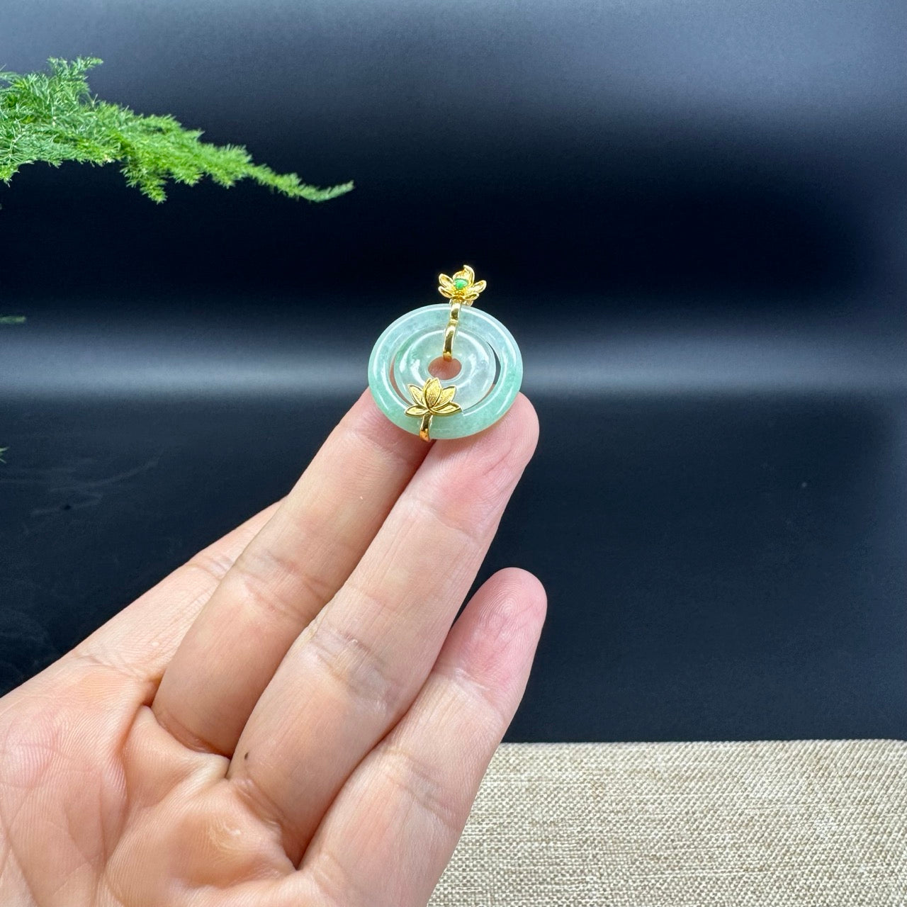 "Good Luck Button" Apple Green Jadeite Jade Lucky KouKou Pendant With 18K Yellow Gold Bail