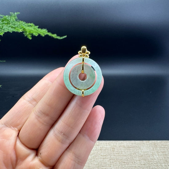 "Good Luck Button" Apple Green Jadeite Jade Lucky KouKou Pendant With 18K Yellow Gold Bail