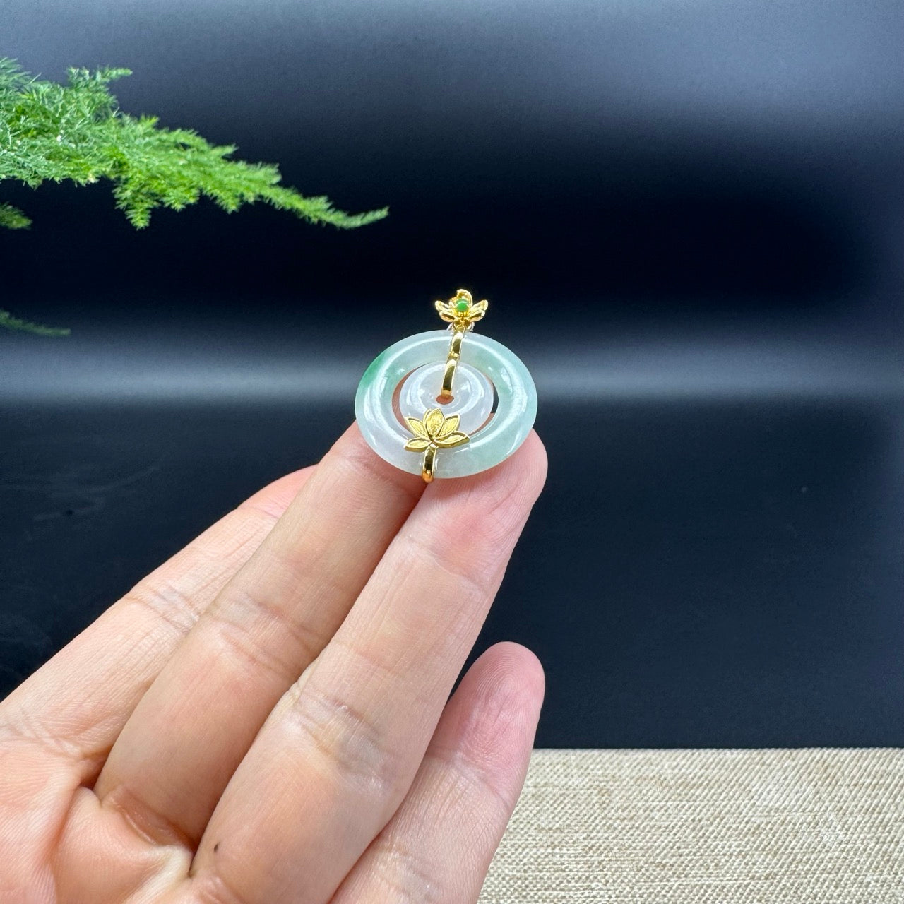 "Good Luck Button"Icy Green Jadeite Jade Lucky KouKou Pendant With 18K Yellow Gold Bail