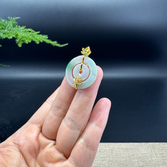"Good Luck Button"Icy Green Jadeite Jade Lucky KouKou Pendant With 18K Yellow Gold Bail