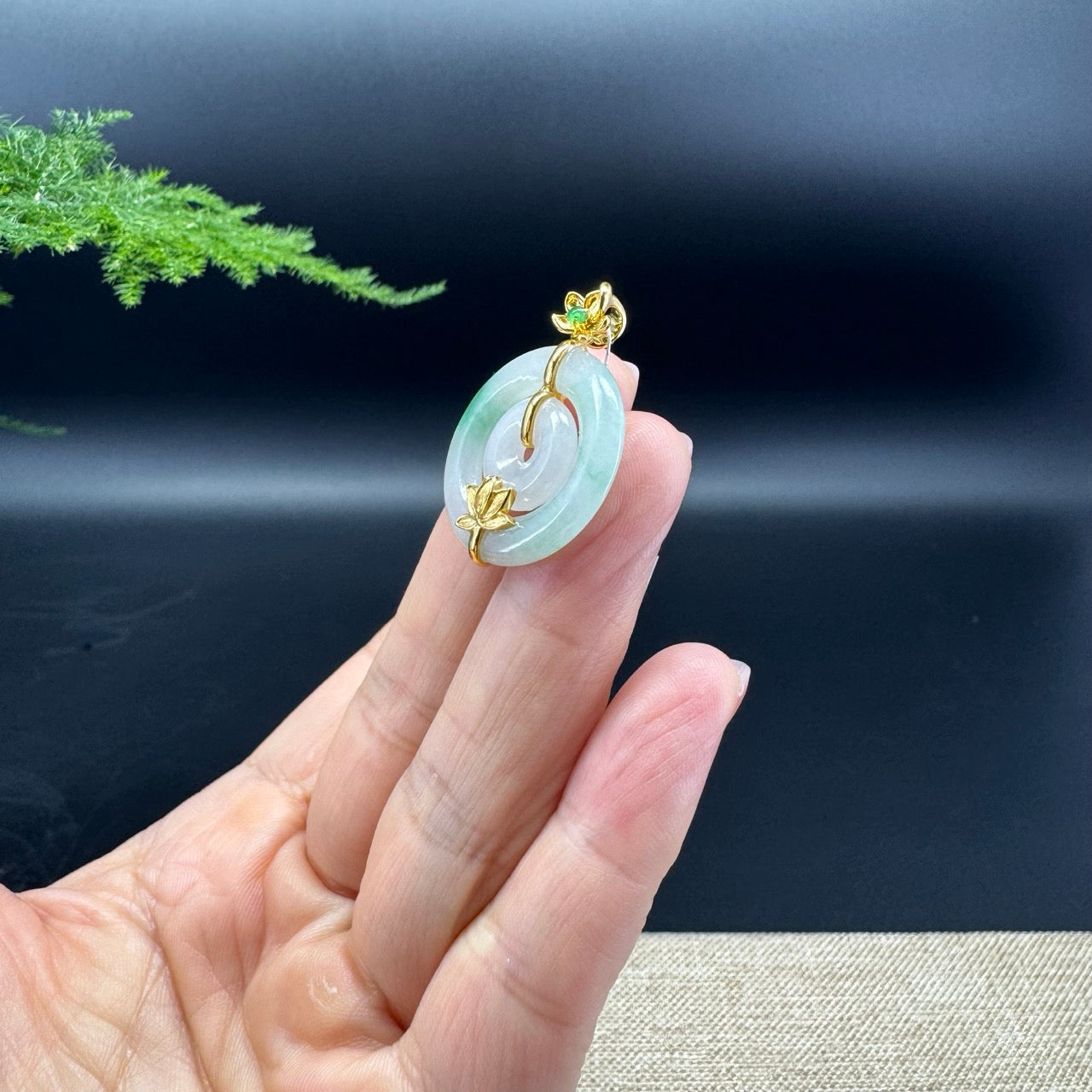 "Good Luck Button"Icy Green Jadeite Jade Lucky KouKou Pendant With 18K Yellow Gold Bail
