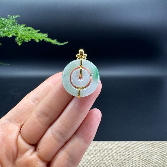 "Good Luck Button"Icy Green Jadeite Jade Lucky KouKou Pendant With 18K Yellow Gold Bail