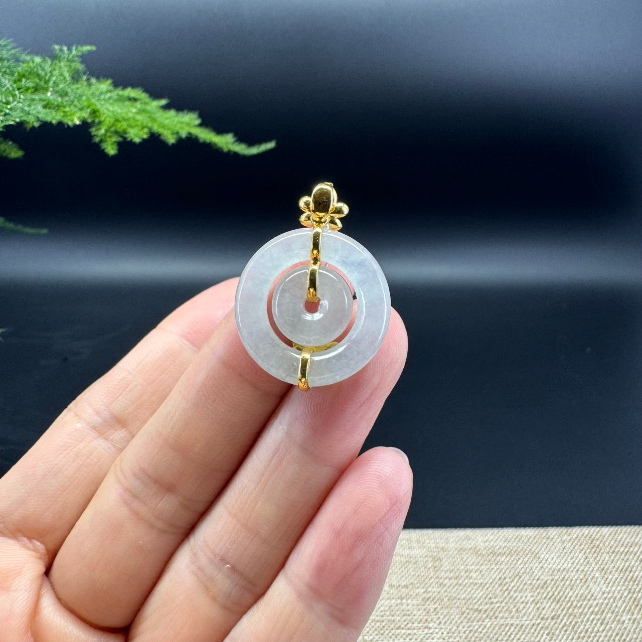 "Good Luck Button"Icy Jadeite Jade Lucky KouKou Pendant With 18K Yellow Gold Bail