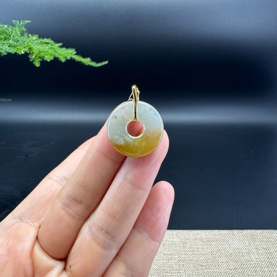 "Good Luck Button"Icy Yellow Jadeite Jade Lucky KouKou Pendant With 18K Yellow Gold Bail
