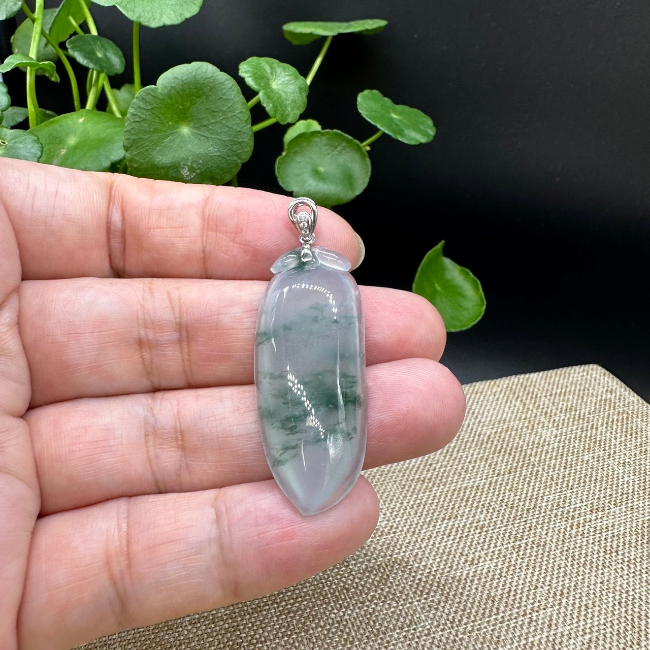High End Natural Ice Green Jadeite Jade Shou Tao ( longevity Peach ) Necklace With 18k White Gold Bail