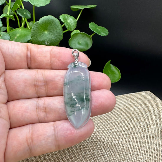 High End Natural Ice Green Jadeite Jade Shou Tao ( longevity Peach ) Necklace With 18k White Gold Bail