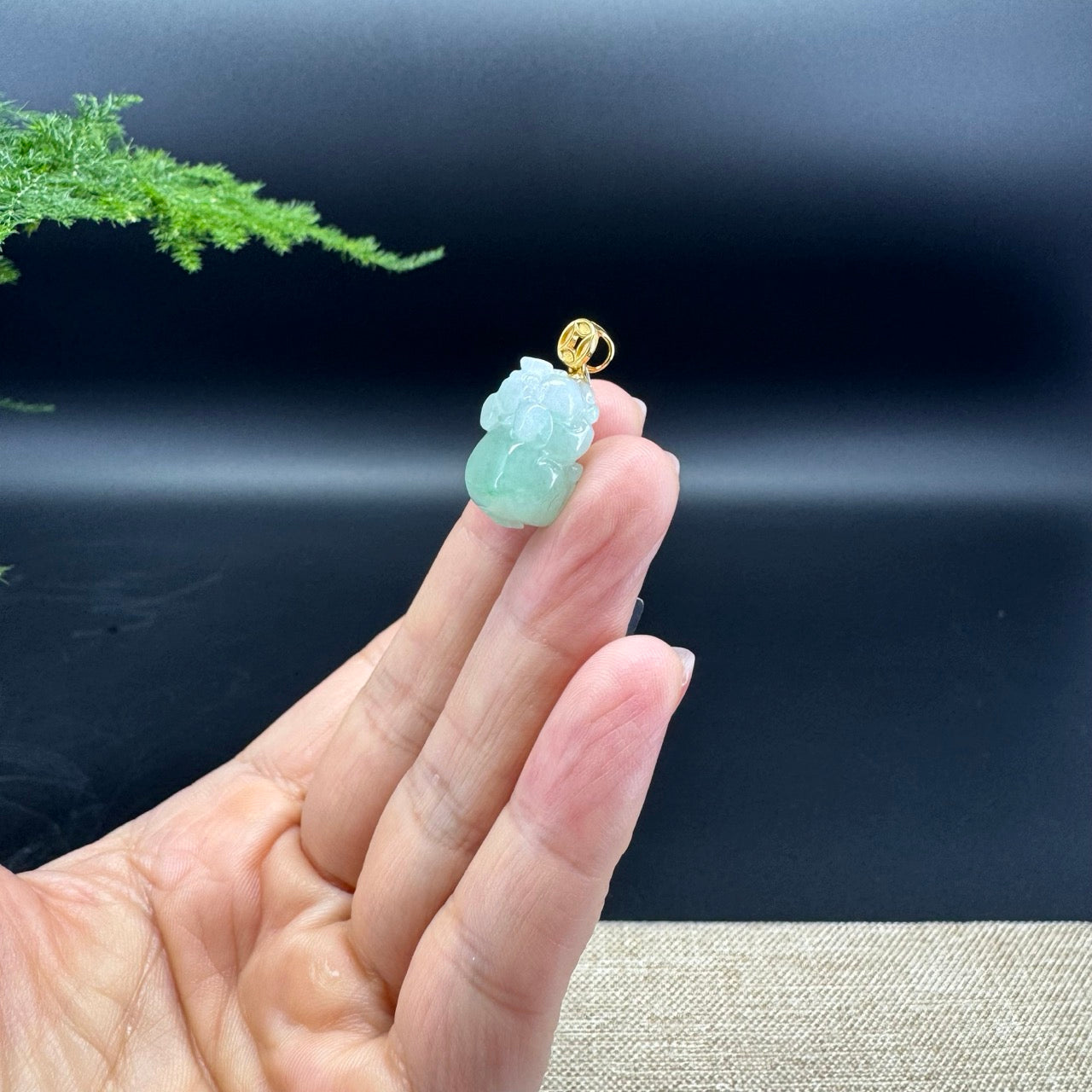 18K Yellow Gold Genuine Icy Green  Burmese Jadeite Jade PiXiu Pendant Necklace