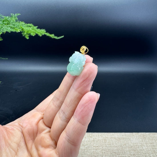 18K Yellow Gold Genuine Icy Green  Burmese Jadeite Jade PiXiu Pendant Necklace