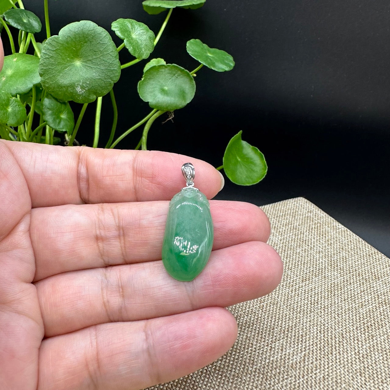 Natural Green Jadeite Jade Shou Tao (Longevity Peach) Necklace With 18k White Gold Diamond Bail