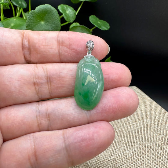 Natural Green Jadeite Jade Shou Tao (Longevity Peach) Necklace With 18k White Gold Diamond Bail