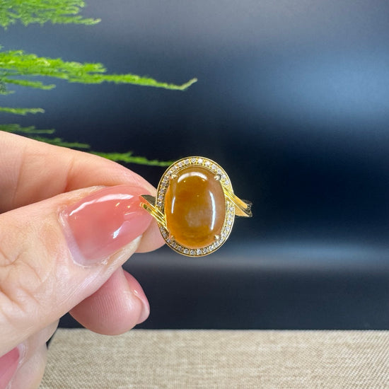 RealJade® "Signature Signet" 18K Yellow Gold Honey Yellow Jadeite Jade Diamonds Classic Ring