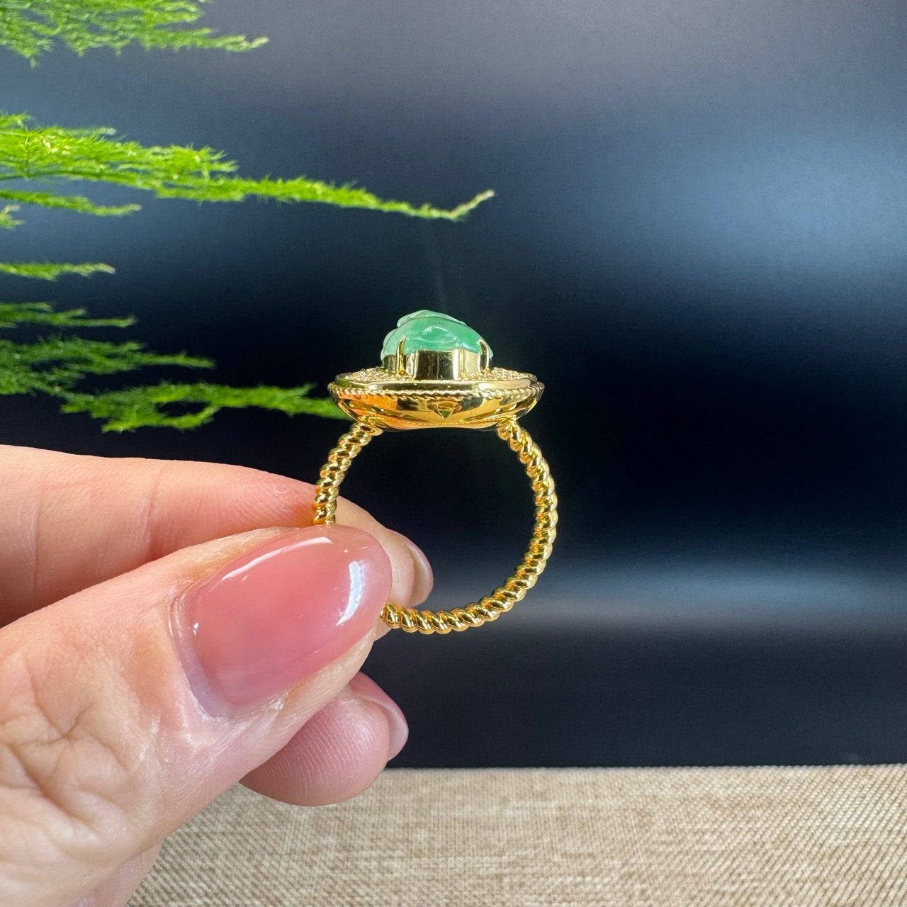 RealJade® "Signature Signet" 18K Yellow Gold Icy Green Jadeite Jade Diamonds PiXiu Ring